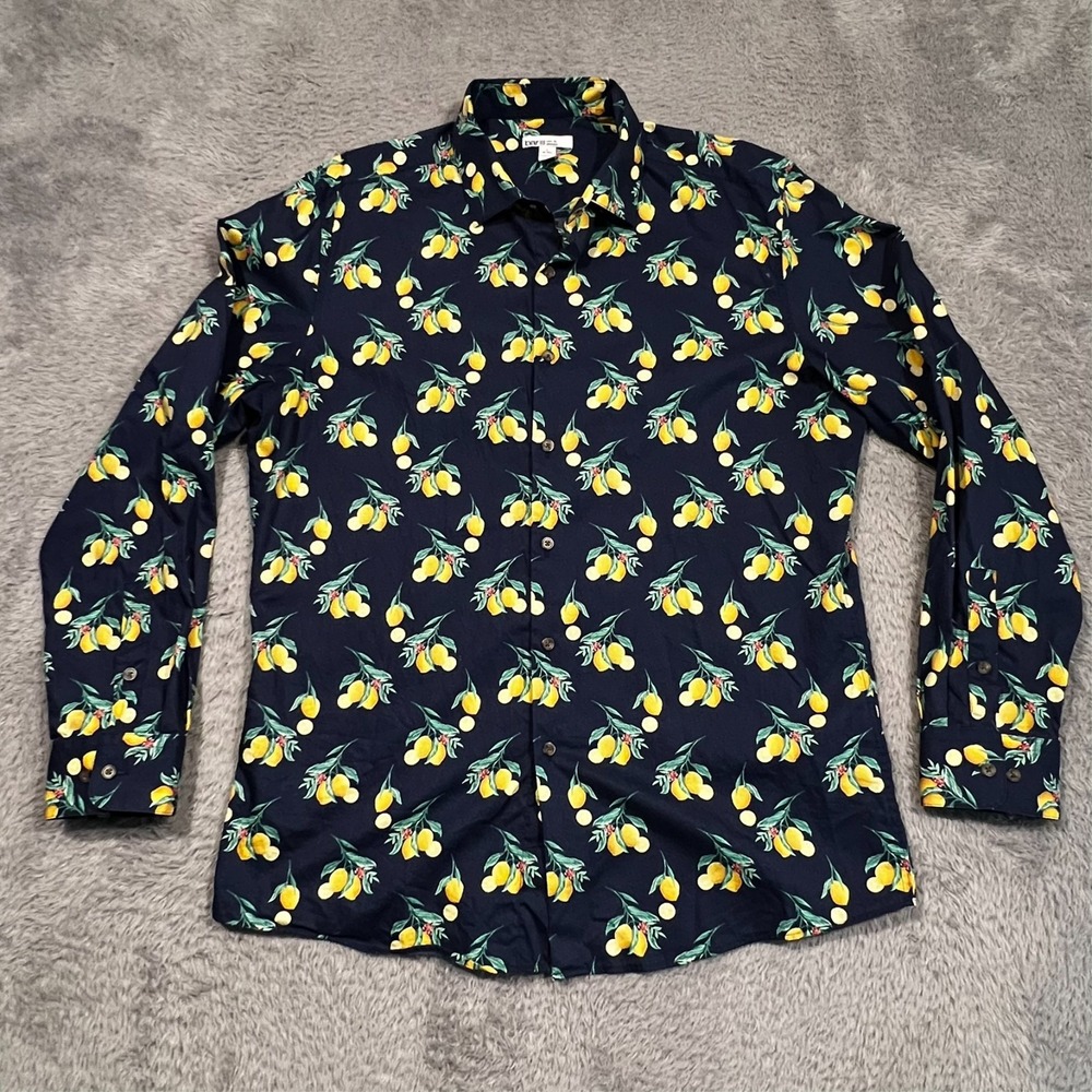Bar III Navy Lemon Print Casual Button Down Shirt